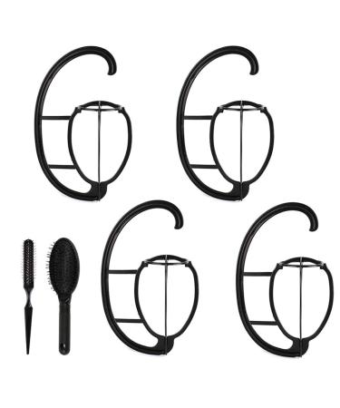 Wig Hanger with Wig Brush Combo,4 Pack Portable Hanging Wig Stand for All Wigs and Hats Holder,Collapsible Wig Dryer,Wig comb set for synthetic wigs(Black)