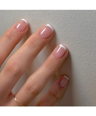 White French Tip Press on Nails Short Square Fake Nails Pink Glossy Acrylic Glue on Nails Reusable Stick on Nails for Women and Girls DIY Nails Art Decoration 24pcs French Tip 8