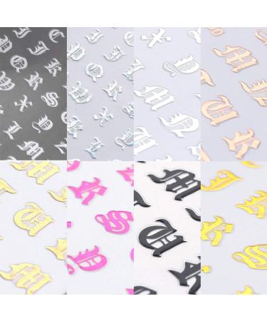 3D Holographic Old English Alphabet Nail Art Stickers - Glitter Self-Adhesive Decals for Acrylic Nails - 8 Sheets - Buy Online on SooperMarket.com