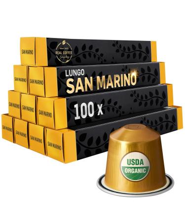 ORGANIC Lungo San Marino | 100 Nespresso Compatible Aluminium Capsules | Strength: 6/8 | Lungo San Marino 100 Count (Pack of 1)