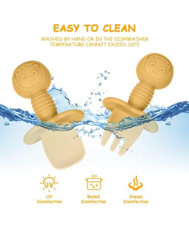 Vicloon Baby Fork and Spoon Set - 4Pcs Silicone Self Feeding Utensil for Easy Grip | Toddler Cutlery Kit for Infant & Children | First Led Training & Weaning Spoons - Apricot Yellow - Buy Online on SooperMarket.com