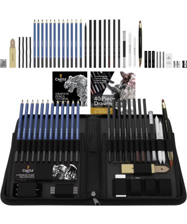 Castle Art Supplies Graphite Drawing Pencils and Sketch Set (40-Piece Kit) Complete Artist Kit Includes Charcoals Pastels and Zippered Carry Case Rare Pop-Up Stand