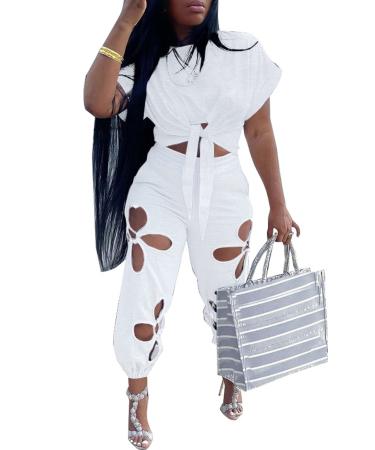 Women 2 Piece Outfits Summer Casual Short Sleeve Knot Crop Top Flower Hollowed Out Sweatpants Tracksuit Allwhite Large