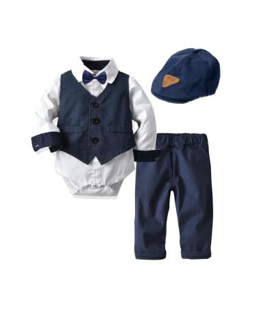 Volunboy Baby Boys Gentleman Suit Toddler Formal Waistcoat Outfit Wedding Shirts + Vest +Bow Tie 4 PCS Set 18-24 Months Navy White
