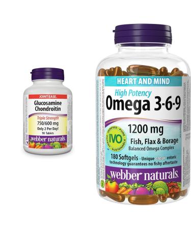 Webber Naturals Glucosamine Chondroitin Triple Strength 90 Tablets & Omega 3-6-9 1 200 mg Fish Oil 180 Clear Enteric No Fishy Aftertaste Softgels Supports Cardiovascular Health and Brain Function