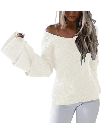 Creoqiji women's sweater women's sweater with V-neck plain autumn/winter leaf sleeves loose and comfortable elastic sweater party clothes women white L