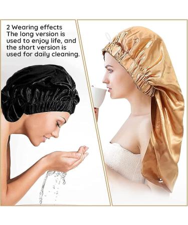 Extra Long Satin Bonnet for Women - 2 Pcs Braid & Curly Hair Bonnets - Soft Silk - Black/Golden - Buy Online on SooperMarket.com