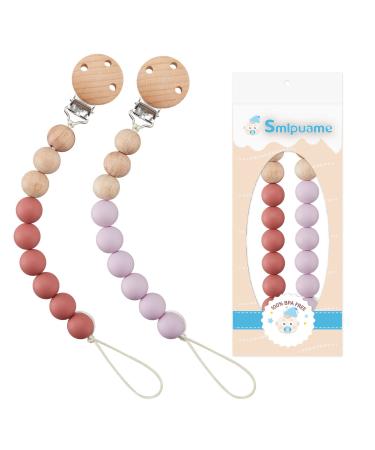 Smlpuame Pacifier Clip for Baby Boys Girls Wood Pacifier Holde Neutral Binky Clips for Baby Gift 2 Pack(Purple & Mute Red)
