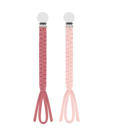 Kowlone Pacifier Clip for Baby Boys Girls Braided Pacifier Straps Binky Clips Chain Leash Holder Handmade Baby Shower Birthday Christmas 2 Pack(Pink Bean Paste Red) A: Pink Bean Paste Red