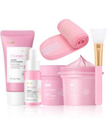 Japan-Sakura Skincare Set Beauty Skin Care Products Set Daily Skin Care Set for Women Girls Skin Care Sets & Kits Includes Skincare Headband Face Brush Cleanser Serum Cream Mud Mask