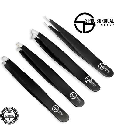 Professional 4-Piece Surgical Tweezers Set with Case - Slant and Pointed Tips for Eyebrows, Ingrown Hair Removal - Ideal for Women and Men - Buy Online on SooperMarket.com