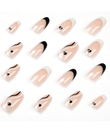Black & White Swirl Almond Press On Nails | Full Cover False Nails | French Tip Heart Stick On Nails | Glossy Acrylic Nails for Women - Buy Online on SooperMarket.com