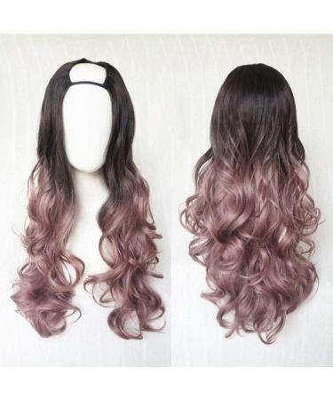 Harajuku Fashion Long Wavy Curly Fluffy U Shaped Wigs Heat Resistant Synthetic Fibre Mixed Gradient Dark Roots Hair for Girls 28inches H e