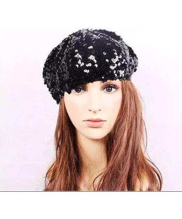 AIBEARTY Women's Sparkly Sequin Beret Hat - Fashionable Stretch Beanie Cap for Party, Club, Halloween in Black - Buy Online on SooperMarket.com