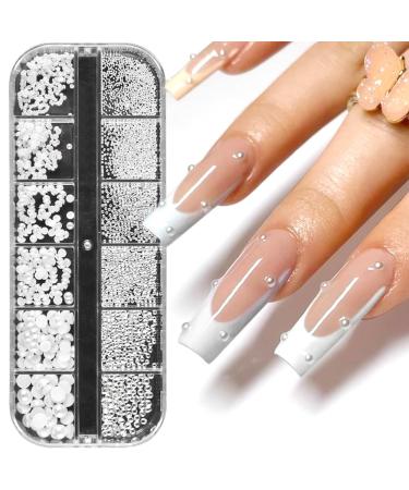 Dornail 1 Box/12 Grids Nail Art White Pearls for Nails Half Round Pearl Beads Nail Charms Small Stainless Steel Beads Caviar Beads White Flatback Pearls for Women Nail Decoration DIY Nail Art Crafts