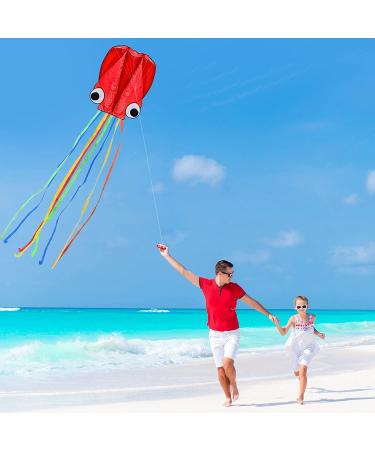 Hengda Kite Pack: 3 Colors Easy Flyer Octopus Kite for Kids - Large 31 Wide with Long Tail - Beach or Park Fun - Red, Green, Blue - Buy Online on SooperMarket.com
