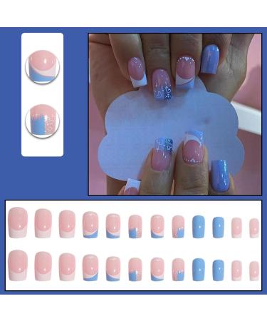Blue Heart French Style False Nails - 24pcs Medium Square Press on Nails with Glue - Elegant Sweet Fake Nails for Women and Girls - Buy Online on SooperMarket.com