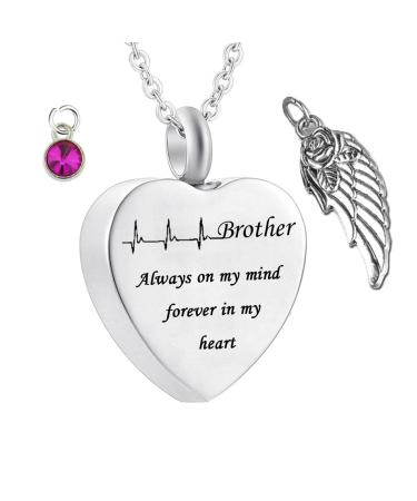 Ashes Necklace Brother Heart Pendant for Ashes Brother Always on My Mind Forever in My Heart with Wing Birthstone for Memorial Keepsake October