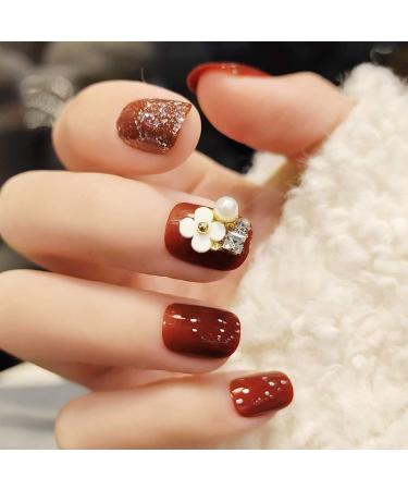 Sethexy Glossy Squoval Short False Nails Flower Glitter Rhinestone Studs Wine Full Cover Acrylic Fake Nails Tips for Women and Girls - Buy Online on SooperMarket.com