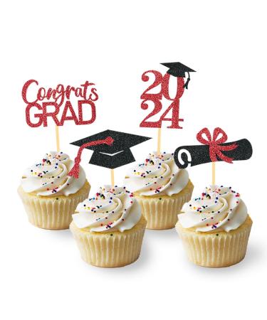 24Pcs Graduation Cupcake Toppers Graduation Cupcake Picks for Cupcake Food Decorations - Class of 2024 Graduation Cupcake Toppers Supplies (Black & Red)
