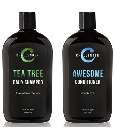 Challenger Tea Tree Shampoo & Peppermint Conditioner Combo | Men's Shower Product | For Itchy & Dry Scalp | Removes Dirt & Oils | Argan Oil Biotin | Artificial Color Free | 2x 16oz Shampoo & Conditioner