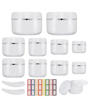 Firtink 10 Pcs Cosmetic Sample Jars 10ml/20ml/30ml/50ml/100ml Empty Refillable Cosmetic Container Pots Travel Jars with Lids Spatulas Tool and Labels for Makeup Creams Lotion Glitter Nail Powder