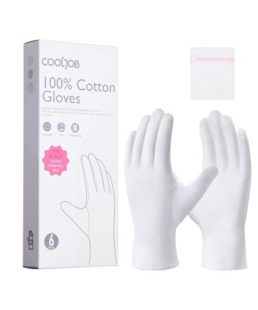 COOLJOB 100% Cotton Gloves 6 Pairs White Cotton Gloves for Dry Hands Moisturizing & Eczema Overnight Lotion Sleep & Spa Treatment for Women & Men Breathable Work Glove Liners Medium Size
