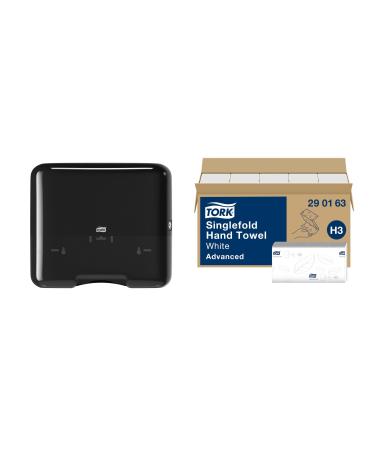 Tork zigzag paper towels Advanced 290163 - H3 folding towels 2 -layer white & 553108 mini donor for H3 zigzag and layered fold towels/for hygienic single search in black l bundle with mini donor black