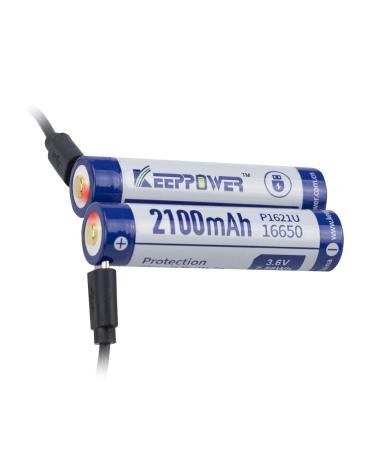 Keeppower Protected 16650 Li-ion Battery P1621U USB Rechargeable 3.6V 2100mAh 7.56Wh Flashlight Battery Included with a 2-in-1 Charging Cable (2 Pack)