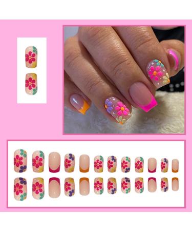 French Colored Flowers Short Square Fake Nails - 24 PCS, Glue on Nails for Women, Girls, Teens - with Glue Sticker and Nail File - Buy Online on SooperMarket.com
