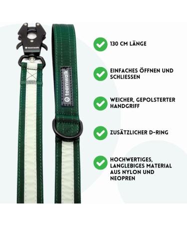 Teamwalk Premium Dog Leash - Forest Green 130cm | Soft Upholstery Light Stripes & Robust Buckle - Shop Internationally! - Buy Online on SooperMarket.com