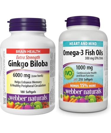 Webber Naturals Ginkgo Biloba 6000 mg 180 Softgels Helps Enhance Cognitive Function and Memory & Omega-3 Fish Oil 1 000 mg 210 Softgels Supports Cardiovascular Health and Brain Function Softgels + SUPPLEMENT 03872