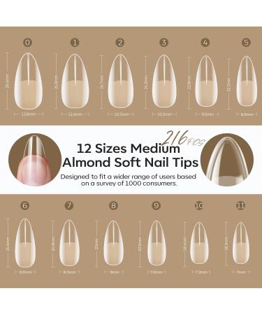 Modelones 216 Piece Full Cover Nail Tips Set - Soft Gel & Pre-Buff PMMA Resin - 12 Sizes Medium Almond - Perfect for DIY Nail Art - Buy Online on SooperMarket.com