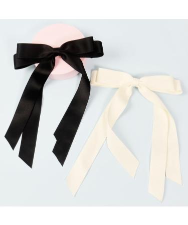 2 Pack Hair Bows for Women Bow Hair Clips French Barrette with Long Silky Satin Hair Ribbons for Women Girls(Black Beige) Beige Black - Buy Online on SooperMarket.com