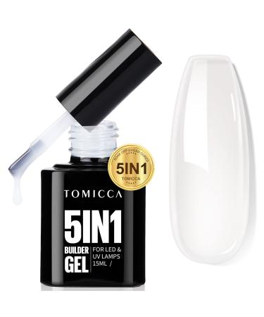 TOMICCA 5 in 1 Builder Nail Gel- 15ML Builder Base Strengthening Nail Gel for Hard Strong Nails Tips & Extensions UV Nail Gel Polish for Nails Repair Nail Art Supplies Easy to Shape(Milky White)