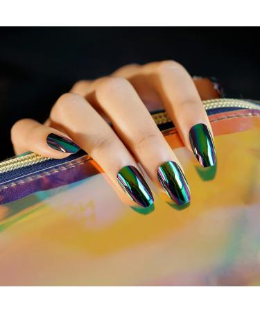 24pcs Mirror Holographic Chrome Coffin False Nails - Beautiful Glitter Chameleon Effect - Buy Online on SooperMarket.com
