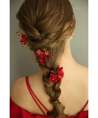 FXmimior Bridal Wedding Red Flower Headpiece Hair Vintage Hair Decoration Crystals Pearls Hair Accessories Diadem Prom Hair Pins Wedding Party Evening Hair Accessory for Women and Bride(Red)