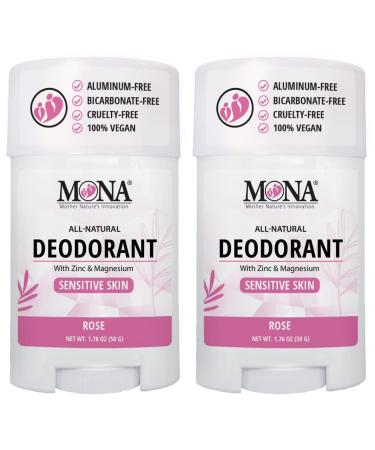 MONA BRANDS All Natural Deodorant For Women & Men | For Sensitive Skin | No Aluminum or Baking Soda | (2-Pack ROSE 1.76 Oz each)