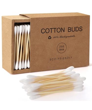 Bamboo Cotton Swabs 200 Count Wooden Cotton Buds Eco-Friendly Double Tips Plastic Free Ear Sticks 100% Natural Cotton Swabs Kraft Paper Box (Drawer Box)