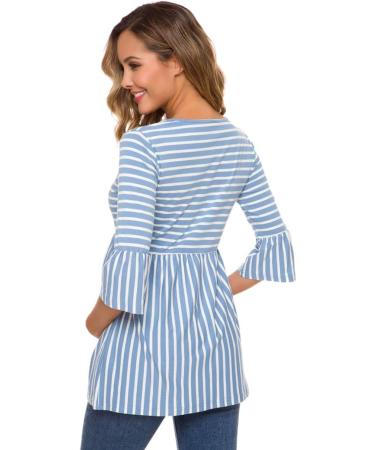 Love2Mi Maternity Blouse - A-Line Pregnancy Shirt - 3/4 Bell-Sleeve - Sky Blue Stripe - Size L - Buy Online on SooperMarket.com