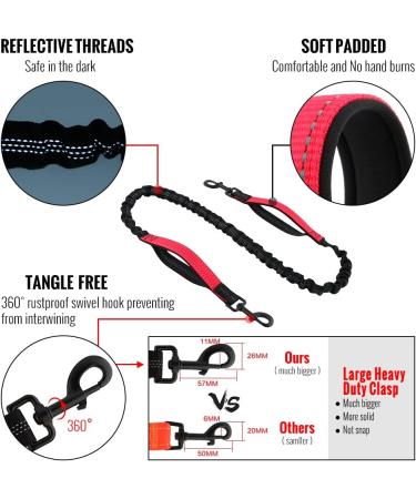 Plutus Pet Hands Free Dog Lead | Dual Handle Retractable Bungee Lead | Reflective Stitches | Adjustable Waist Lead for Medium Large Dogs - Red - Buy Online on SooperMarket.com