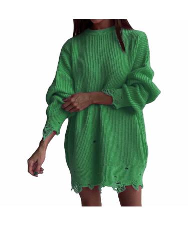 Creoqiji sweater & knitted jackets for women women's sweaters autumn/winter circular neckline loose single-colored broken medium length women sweater lace green M