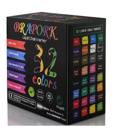Brapork Liquid Chalk Markers  Pack of 32 Color  - For Chalkboard Signs, Blackboards, Glass, Windows, Car Doodle 32-Colors