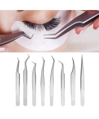 Stainless Steel 8-Part Eyelash Tweezers Set - Ergonomic Design & Fine Lace for Precision - Perfect for Eyelash Extensions - Buy Online on SooperMarket.com