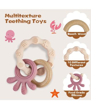 Vicloon Teething Toys for Baby Silicone and Wood Teether Baby Teether Toys Teether Chew Toy Easy to Hold and Clean Up Octopus Teething Toy Silicone chewlery for Boys&Girls (Beige) - Buy Online on SooperMarket.com
