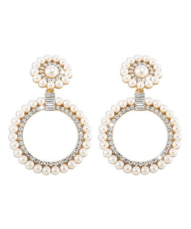 Chargances Boho Baroque Round Pearl Hoop Dangle Earrings with Crystal Accents - Gold | Fashion Stud Earrings for Women and Girls - Buy Online on SooperMarket.com