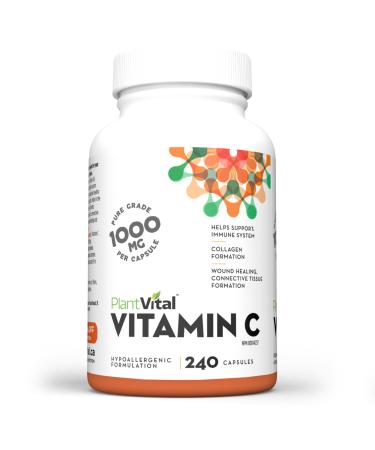 PlantVital Vitamin C 1000mg MAXIMUM STRENGTH -Vit C Supplements helps support immune system collagen and connective tissue formation - Stronger bones teeth and gums - 8 Months Supply - 240 Capsules 240 Count (Pack of 1)