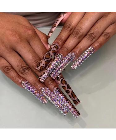 JUSTOTRY 24 Pcs Leopard False Nails Long with Diamond Brown French Press on Nails Patterns Nude Ballerina Stick on Nails for Women Acrylic Coffin Fake Nails Medium with Glue for Nail Art Jewels&brown 1