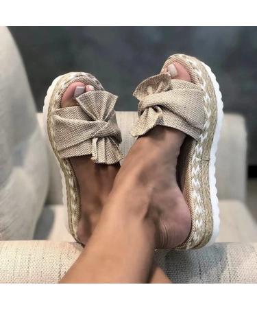 evzosrz Summer Womens Espadrilles Slip on Wedge Sandals Slides Bow Tie Platform Open Toe Mules Shoes Thick Cushion Slippers Sandals for Women Dressy 2023 Khaki 9
