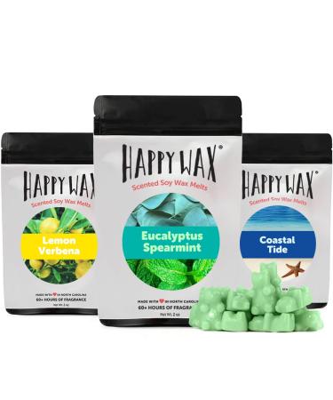 Happy Wax Best Sellers Collection Scented Natural Soy Wax Melts  6 Total Oz. of Scented Wax Melts, Collection Includes 2oz Lemon Verbena, 2oz Eucalyptus Spearmint, and 2oz Coastal Tide Best Sellers 6 oz